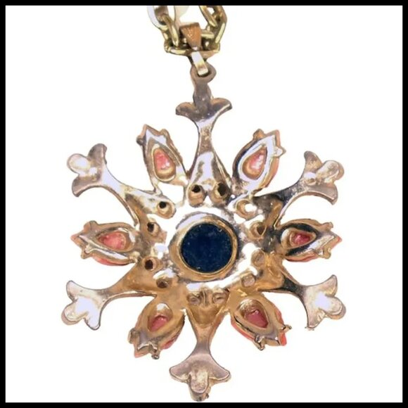 Renaissance Style Pendant Necklace Coral Roses, Long Chain, 40s Vintage - Picture 4 of 12